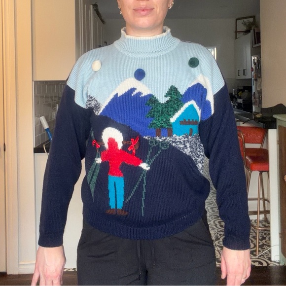 Vintage Ski Cabin Knit Sweater in Navy, Light Blue & Red - Picture 4 of 15